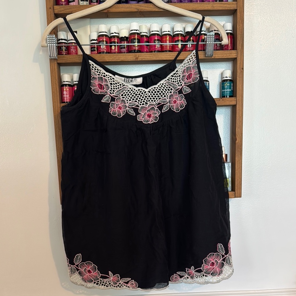 Tibi Black Embroidered SILK sleeveless top, Size S